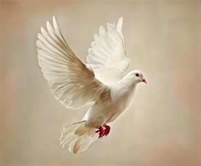 Fototapeta premium Soaring Symbol: A pure white dove glides gracefully through the air, wings outstretched in a majestic display of flight, evoking serenity and freedom against a soft, subtle backdrop.