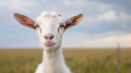 Fototapeta premium Adorable white goat kid with expressive eyes and large ears captured in a detailed close up portrait set against a soft out of focus rural landscape and cloudy sky offering ample copy space