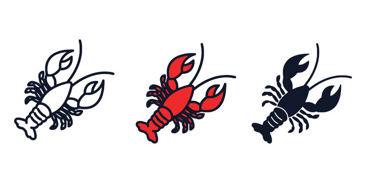 Lobster and Crawfish Icon Set in Outline, Red, and Silhouette Styles