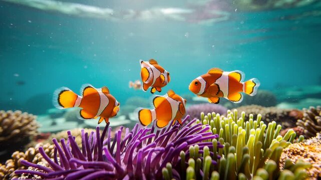 Colorful clownfish swimming among vibrant coral reef underwater in tropical ocean