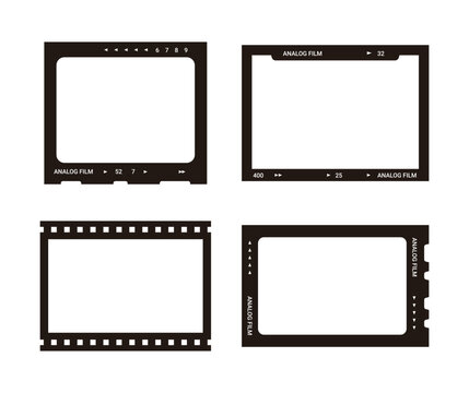 Set of analog film frame templates. Minimalist black camera film strip and slide borders with numbering on white background for vintage photo effects and social media.