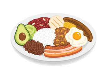 A plate holds a meal with beans rice avocado egg bacon corn arepa and fried plantain © Vector Magic