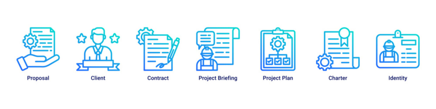 Project Setup web banner icon vector illustration with icons of Proposal,Client,Contract,Project Briefing,Project Plan,Charter and Identity