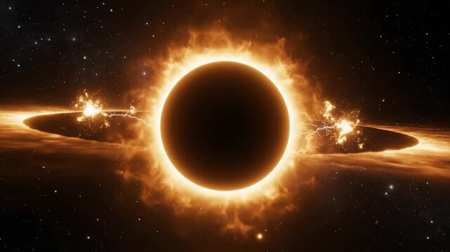 Cinematic Black Hole Event Horizon with glowing solar eclipse and fiery accretion disk for sci-fi documentaries and space exploration backgrounds.