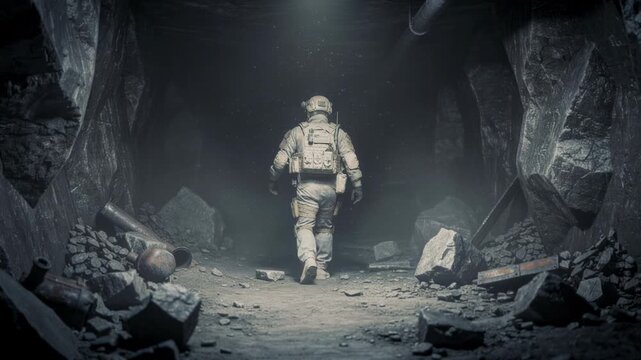 Soldier walking inside dark abandoned underground mine tunnel with rocky debris and equipment