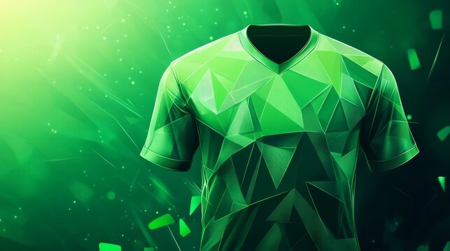 12.Vibrant green sports uniform concept with angular polygon motifs spreading across the torso, precise vector symmetry, soft shadowing, and breathable fabric illustration for a professional jersey