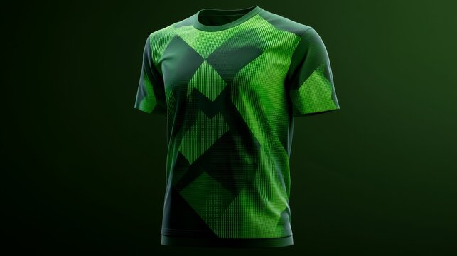13.Front-facing green t-shirt design showcasing interlocking triangular shapes with varying depths, smooth color transitions, and clean contours, ideal for a modern soccer apparel template.