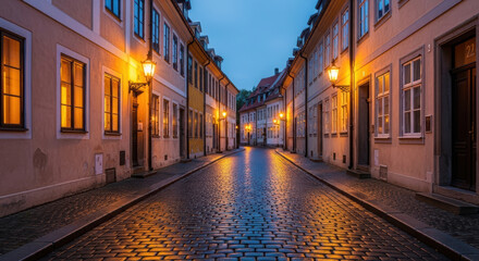 Fototapeta premium Evening glow illuminates a quiet cobblestone street in a historic town