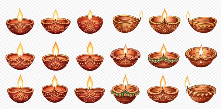 Set of traditional Indian oil lamps, or diyas, for Diwali celebration, featuring various designs and glowing flames on a transparent background.
