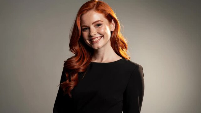 Smiling young redhead woman with long hair wearing black dress on neutral background