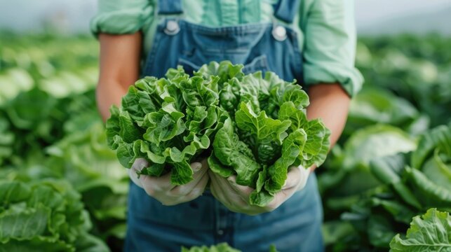 A farmer wearing denim overalls and gloves displays two heads of crisp organic lettuce grown in a sustainable greenhouse ready for harvest