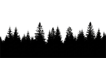 Obraz premium Ultra realistic uhd photo of a dense coniferous forest skyline silhouette (pine, spruce) against a bright white background, conveying deep tranquility and nature's raw beauty, concept of wild nature
