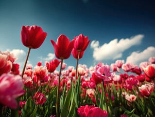 Obraz premium Vibrant Tulip Field: A captivating view of a vibrant tulip field under a bright blue sky, the colorful display of the tulips evokes feelings of joy and the freshness of spring.