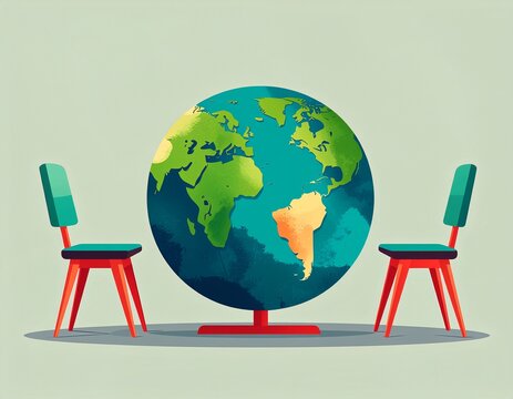 地球を囲む椅子で表現した国際会議と対話のコンセプトイラスト
