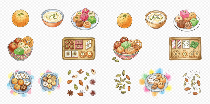 Watercolor illustration set of traditional Indian sweets and dry fruits, perfect for Diwali and other celebrations.