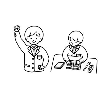 机に向かう学生2(線画)