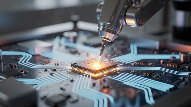 Close up of robotic arm soldering microchip on circuit board with glowing electronic connections