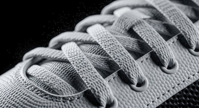 Close-up of clean white shoelaces tied on a modern athletic shoe against a dark background.