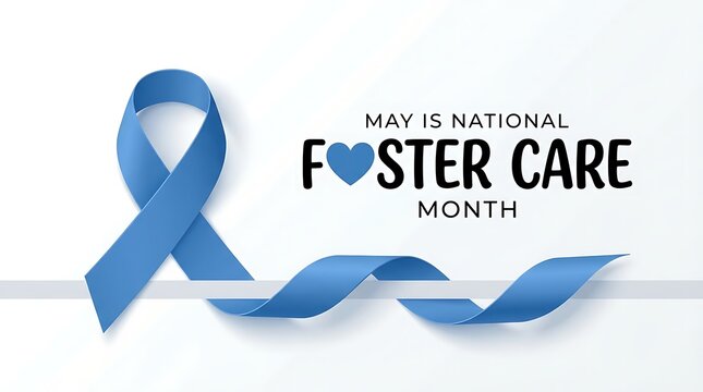 Foster care month announcement with stylized blue heart and awareness ribbon over white background representing collective support for foster families and children during month May.