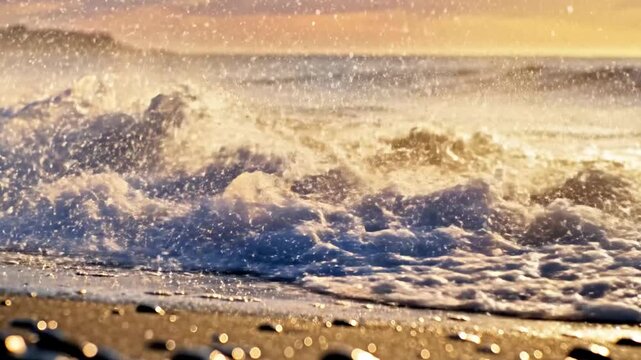 A large wave crashes onto a sandy beach at sunset, with spray and foam