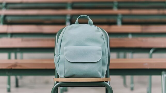 Minimalist light blue backpack on a chair with empty wooden bleacher seats in the background soft ambient light