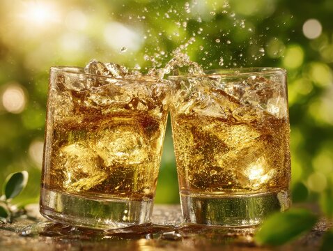 Refreshing Drinks on Summer's Day: Capturing a refreshing moment, two glasses of amber-colored liquid with ice cubes and water droplets splashing upwards, creating an energetic and invigorating feel.