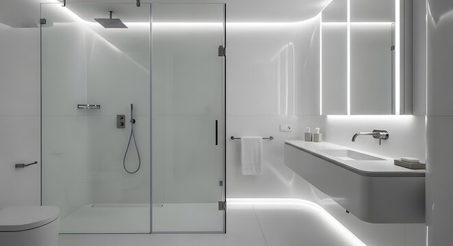 Modern minimalist bathroom design with glass shower and ambient lighting.