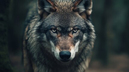 Fototapeta premium wolf staring directly into camera, intense eyes, dark forest background, generative ai