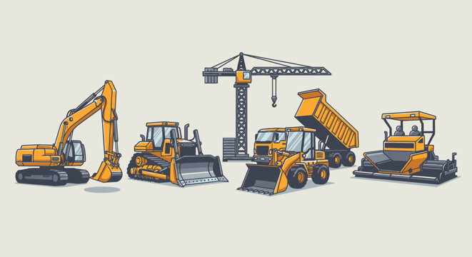 Heavy construction equipment vehicles lineup.