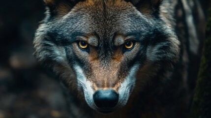 Obraz premium wolf staring directly into camera, intense eyes, dark forest background, generative ai