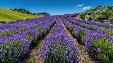 Obraz premium Lavender Field Under Blue Sky: A vast field of vibrant lavender stretches towards the horizon, rows of purple flowers against a backdrop of rolling green hills under a bright blue sky.