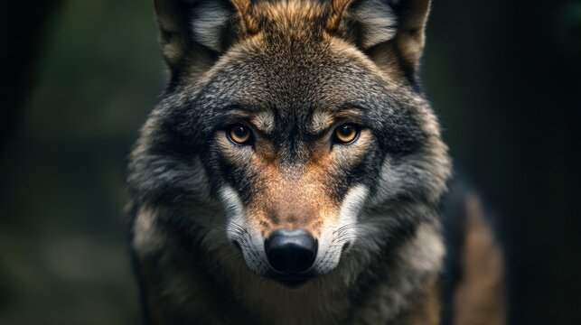wolf staring directly into camera, intense eyes, dark forest background, generative ai