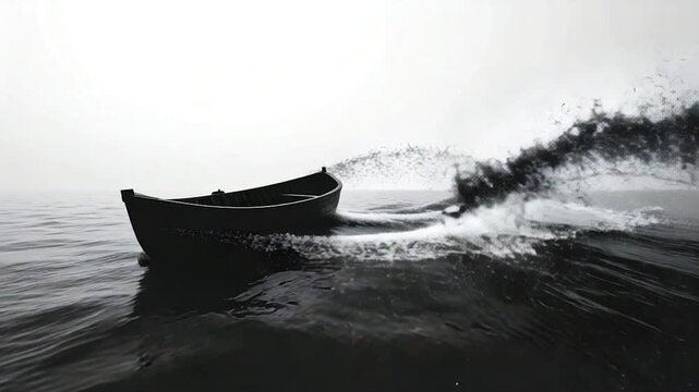 A lone boat sails through monochrome waters, leaving a smokey wake