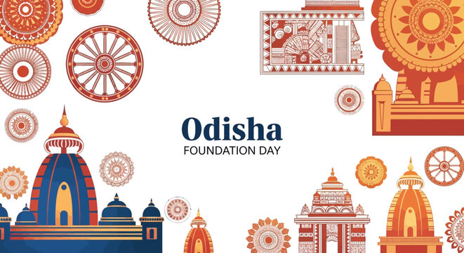 Vector illustration of Odisha Foundation Day celebration with traditional Indian designs and architecture in orange, blue, and white hues on a white background.