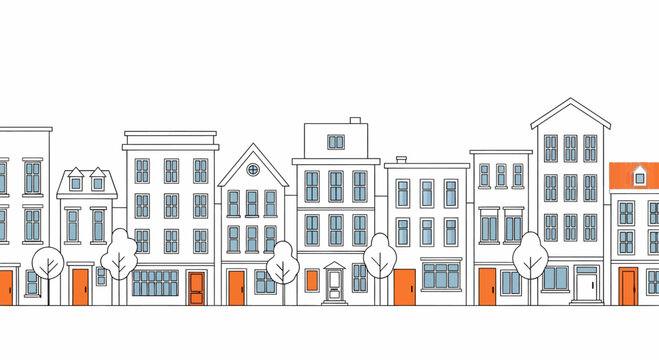 Row of modern townhouses with orange doors.