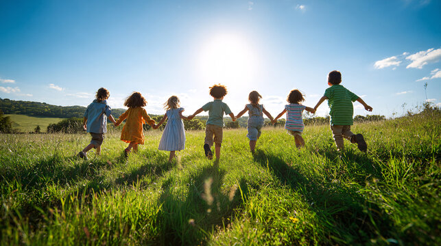Back view of a diverse group of preschool children holding hands and running together across a green field towards the bright sun, symbolizing freedom and friendship.