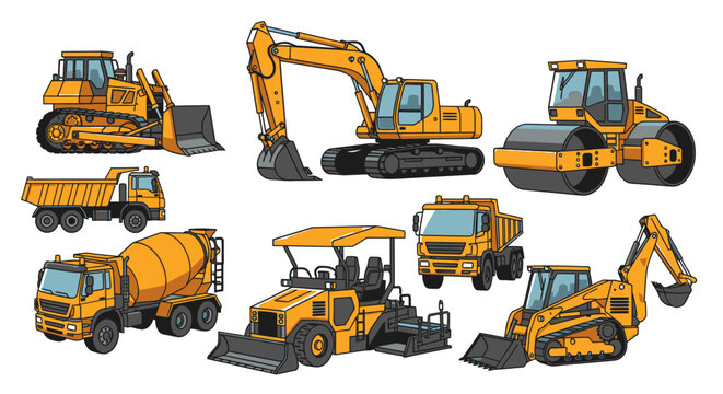 Collection of heavy construction vehicles equipment.