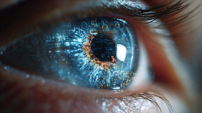 Extreme close-up of a human eye with digital data reflection in the iris, representing biometric security and futuristic iris scanning technology.