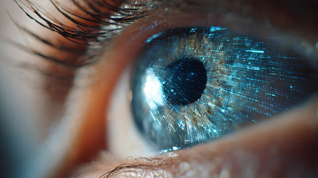 Extreme close-up of a human eye with digital data reflection in the iris, representing biometric security and futuristic iris scanning technology.