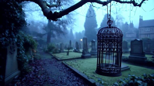 Ethereal and moody image of an antique birdcage hanging in a misty overgrown cemetery at twilight a hauntingly beautiful scene evoking mystery and nostalgia