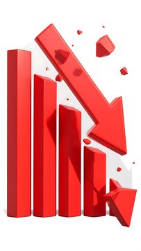 A red 3D bar graph with a large broken arrow