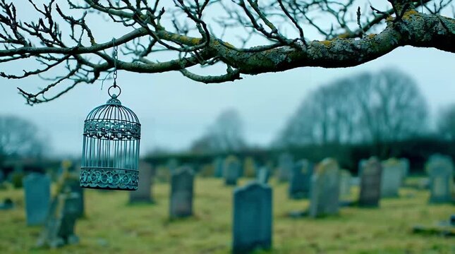 Ethereal empty birdcage hangs from a bare tree branch over an old cemetery evoking themes of loss freedom memory and the passage of time in a moody atmospheric scene