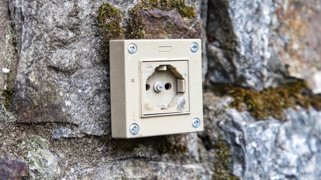 Outdoor schuko power socket on stone wall