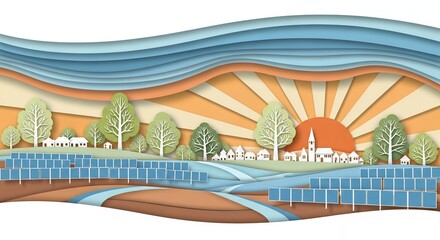 Fototapeta premium Sunset over serene landscape with trees.