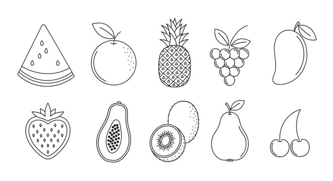 Variety of fruit icons line art 3.