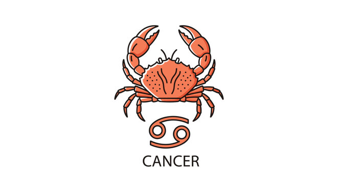 Stylized orange crab illustration representing the Cancer zodiac sign with its corresponding astrological symbol and text on white.