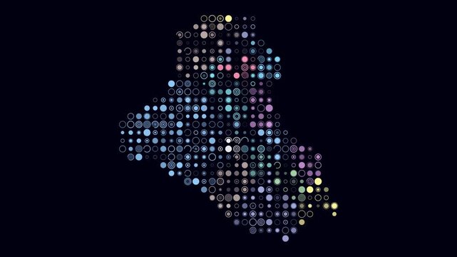 Iraq map animation. Shape of the country with pulsating colored dots. Large size circle blocks. Digital style Iraq map on dark background. Beautiful video.