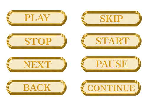 Luxury Gold Media Control Buttons Set with Text Labels Play, Stop, Skip, Start, Next, Pause, Back and Continue, Metallic Glossy UI Icons Isolated on Transparent Background for App Interface Design