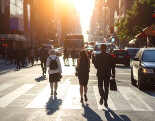 Obraz premium A bustling city street with pedestrians crossing at sunset