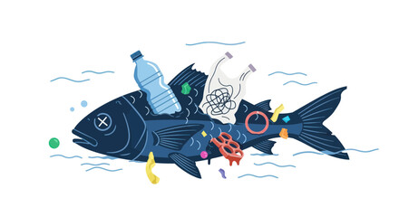 Dead fish floating with plastic pollution in ocean water, environmental concept © jono